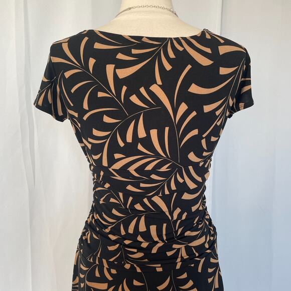 Midi Dress Size 12 Black Tan Faux Wrap V neck Stretch A Line Short Sleeve Y2K - Picture 8 of 14